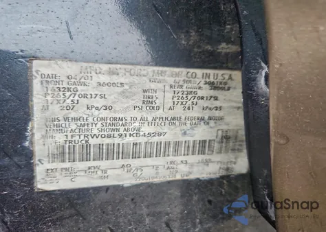 2001 Ford F150 Supercrew из США, поврежденный, VIN 1FTRW08L91KB45287